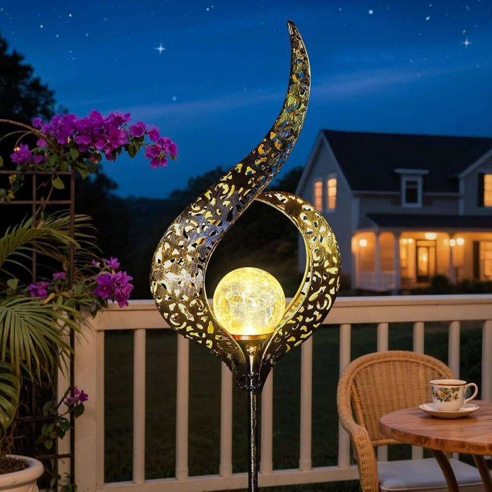 Outdoor Garden Solar Lights Stake, Mothers Day Gifts Mom,Crackle Glass Metal Flo